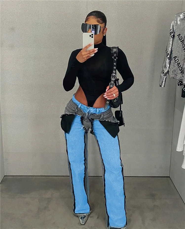 Fashion Patchwork Color Streetwear Women High Waisted Button Elastic Denim Pants Casual Female Straight Jean Trousers