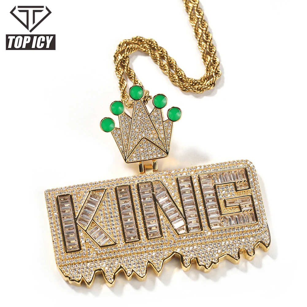TOP ICY Green Enamel Crown Hook King Style iced out pendant words King 18k gold plated iced out pendant hip hop jewelry