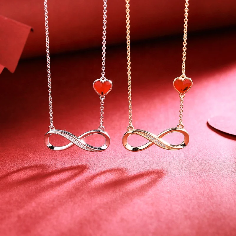 CDE YN0866 Romantic Jewelry Infinity Necklace Wirh Red Crystal 925 Sterling Silver Heart-Shaped Eternal Necklace For Women