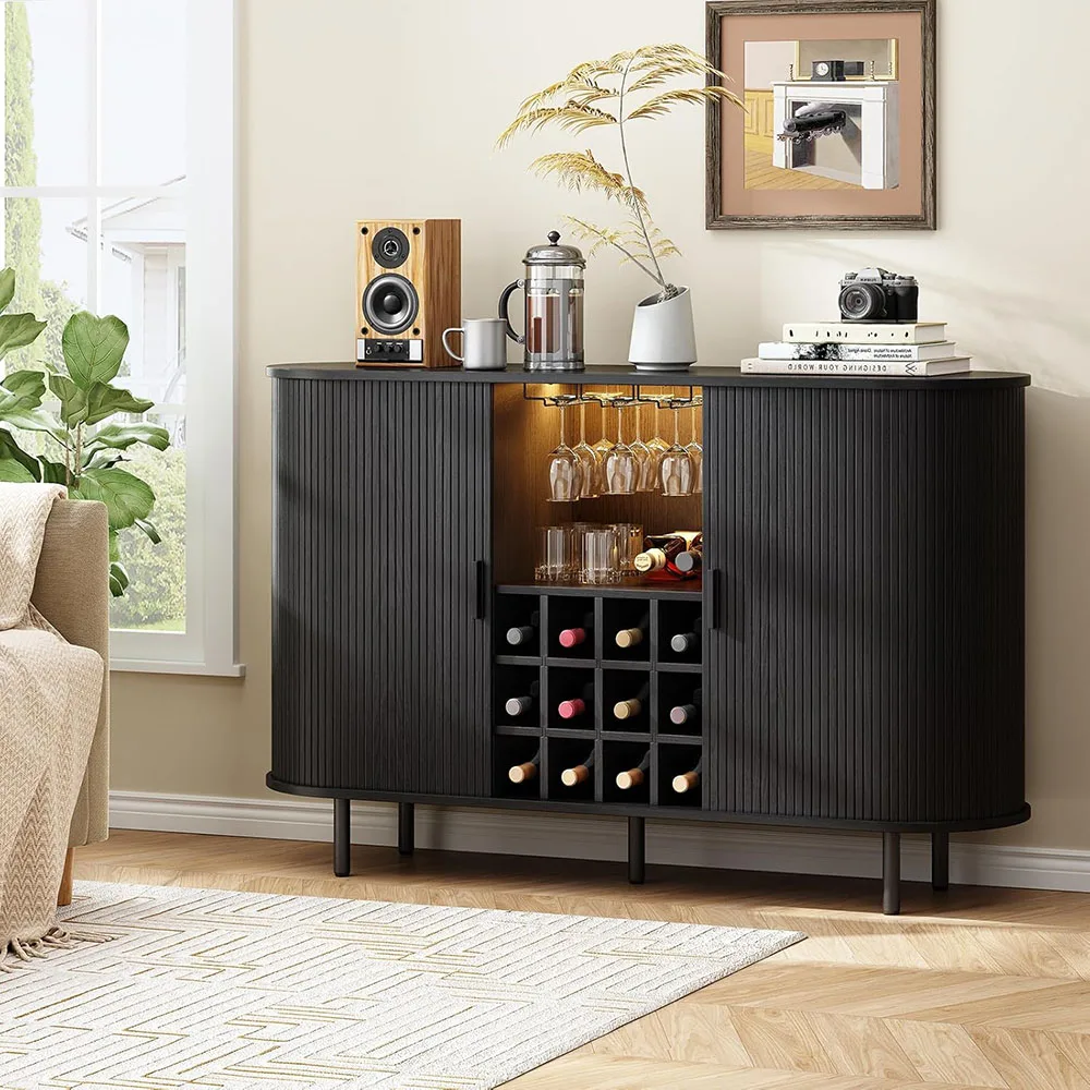 55" Wood Wine Bar Cabinet LED Light Modern Liquor Whiskey Rack Farmhouse Buffet Sideboard Storage for Living Room/Kitchen supplier