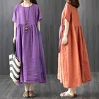 Cotton Long 2021 New Short Sleeve Loose Cotton Linen Dress Crew Neck Casual Women Long Maxi Dresses