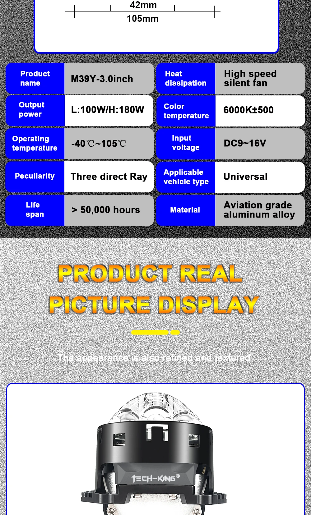 TECH-KING Car LED headlights double lens 3 inch three direct laser light super bright 90 watt high power Projector headlight