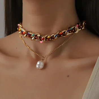 2021 Wholesale Hot Sale Gold Plated Layered Braided Cuban Cchain Dripping Rainbow Pearl Pendant Necklace For Women