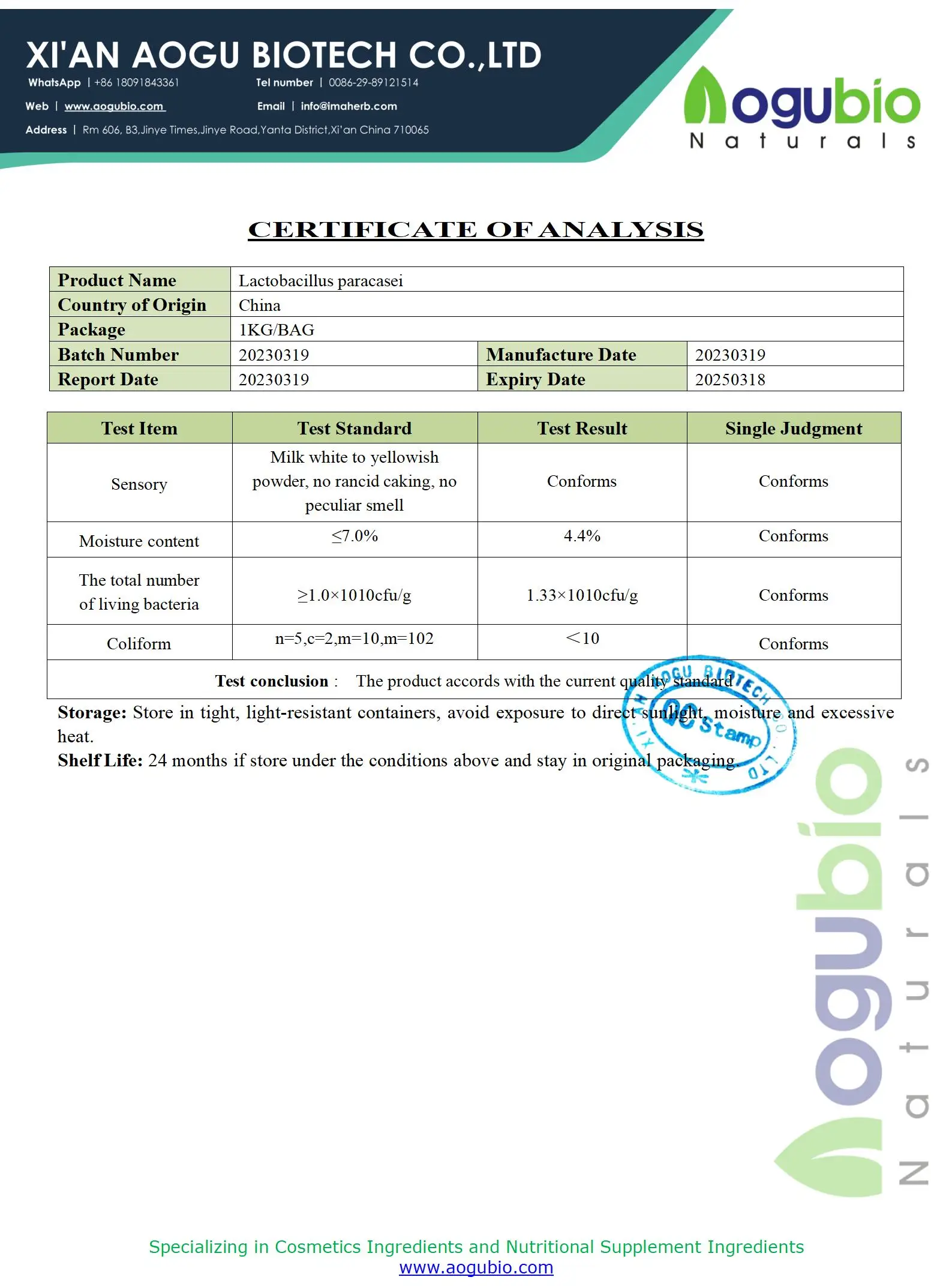 Aogubio Oem Food Grade Lactobacillus Paracasei Powder Probiotics