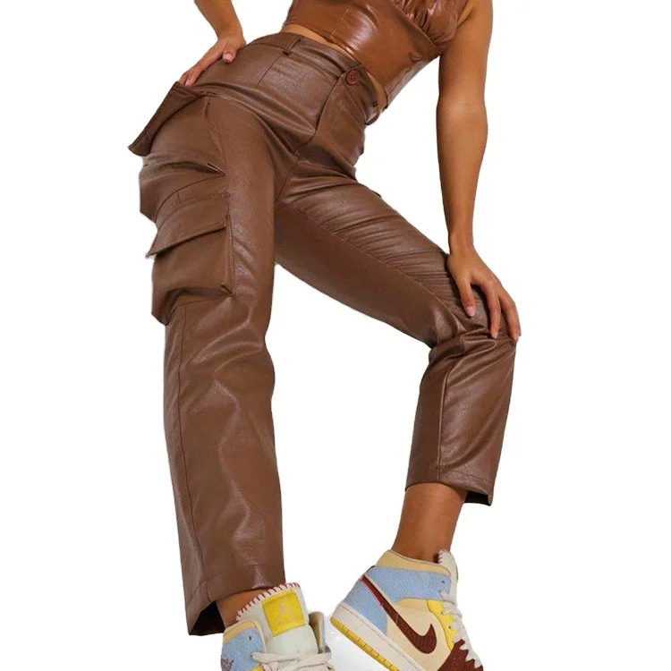 Cargo Pants Pu Leather Look High Waist 