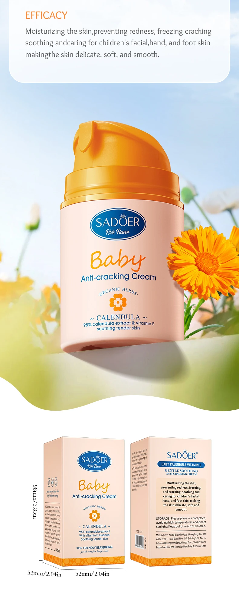 product organic skincare sadoer childrens calendula vitamin e gentle soothing anti chafing repairing moisturizing cream for children-11