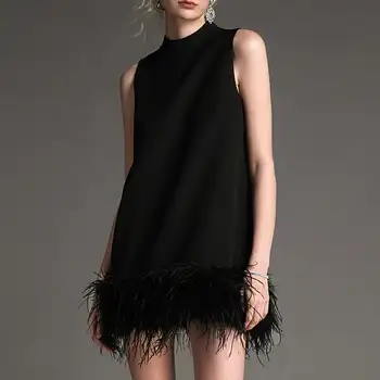 European girl's dress classic little black dress Black Sleeveless Mock Neck Feather-Trimmed Mini Dress
