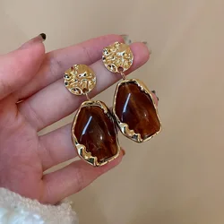 Korean Vintage Resin Geometric Drop Earrings Women Gold Plated Statement Stud Earrings With 925 Silver Needle