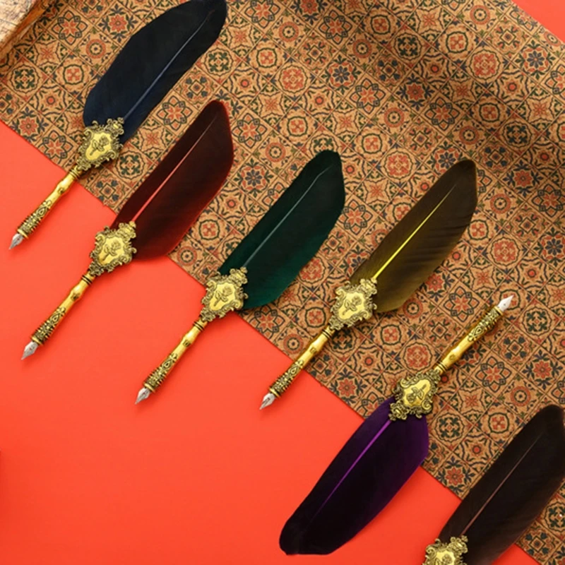 European Style Alloy Vintage Feather Pen Set Fountain Dip Feather Pen Set