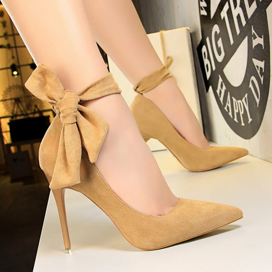 Shallow pointed head with bow single shoe super high heel thin heel high heel shoes simple suede women's shoes