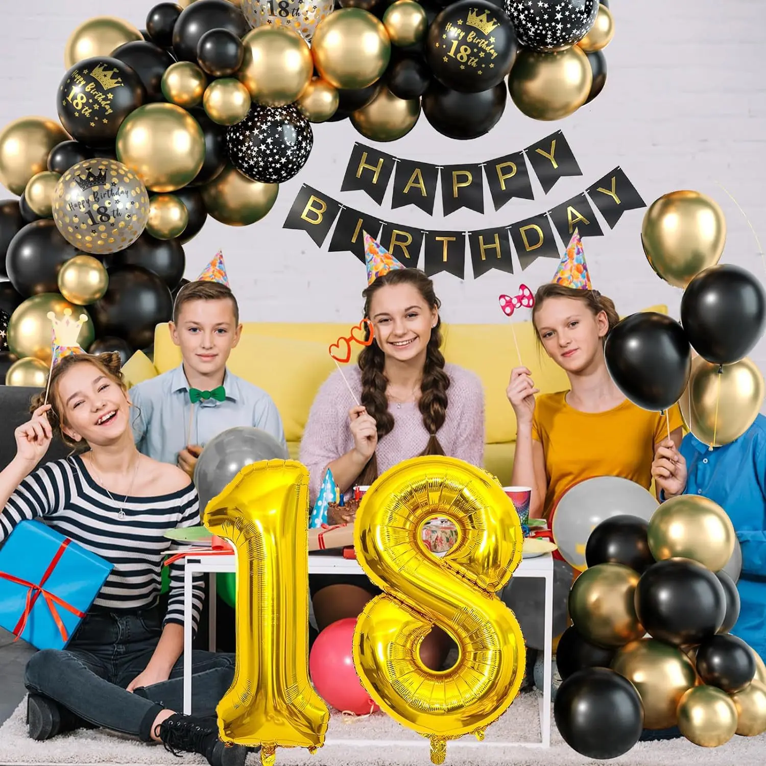 18th Birthday Decorations Boys Black Gold Balloons Arch Kit with Number Foil Confetti Balloon Happy Birthday Banner Party Decor