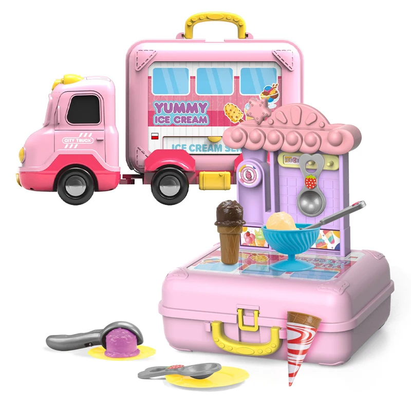 Kids toys kitchen set pretend play small mobile truck pink ice cream toys