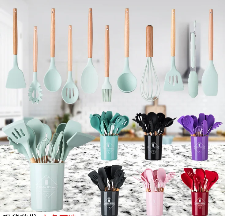 12-Piece Eco-Friendly Silicone Kitchen Utensil Set with Wooden Handle Includes Turner Pliers Spatula Spoon Kitchen Accessories