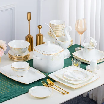 China Factory Dinner Plates Gold Rim Dinnerware Sets Luxury Porcelain Royal Home Decorative Wedding Tableware