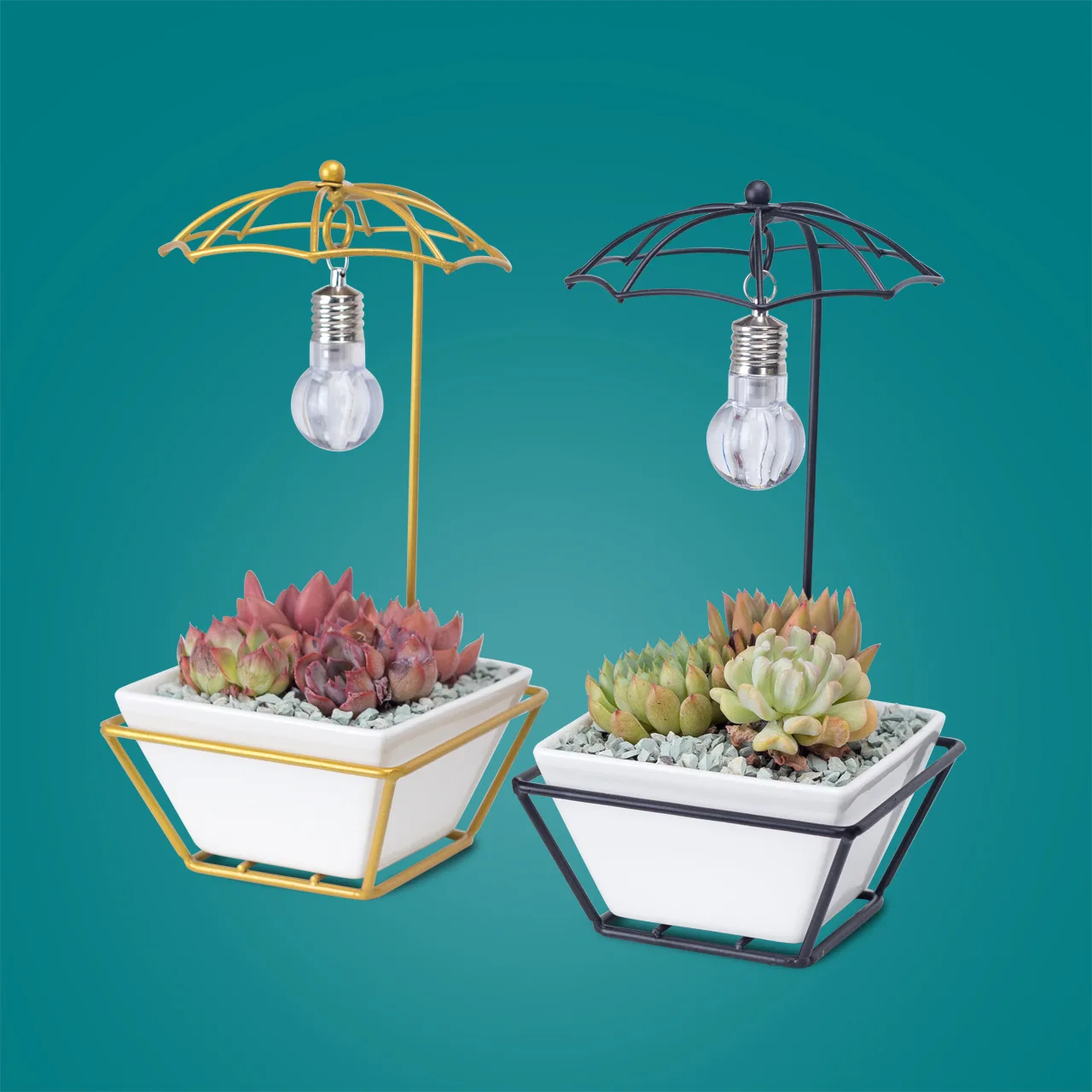 Modern Umbrella Shape Bulb Lamp White Light Succulent Ceramic Pot Gold Metal Flower Planter Pot Flower Pots & Planters