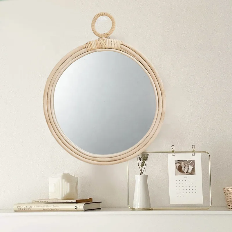 Willow decoration mirror ins light luxury retro mirror hand-woven home wall hanging rattan makeup mirror wholesale