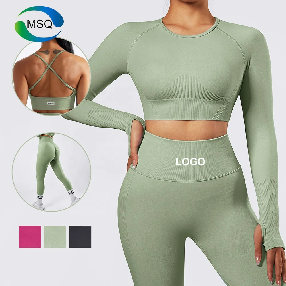 New Design 3 pieces smock sportswear gym fitness set sports bra long sleeve crop top seamless leggings workout sets for women