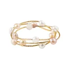 Women Elegant Gold Plated Layered White Pink Fresh Water Pearl Bead Bracelet
