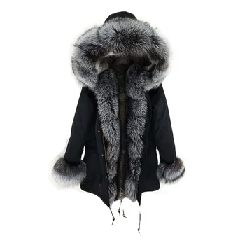 Jancoco Women Real Fur Parka Winter Warm Genuine Rabbit Fur Lining Parka Fox Fur Collar Coats