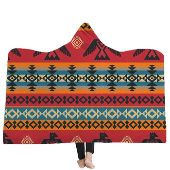 Yutong Eagles Ethnic Pattern On Native Pattern Hooded Blanket Colorful Sherpa Blanket Super Soft Wearable Wrap Blanket