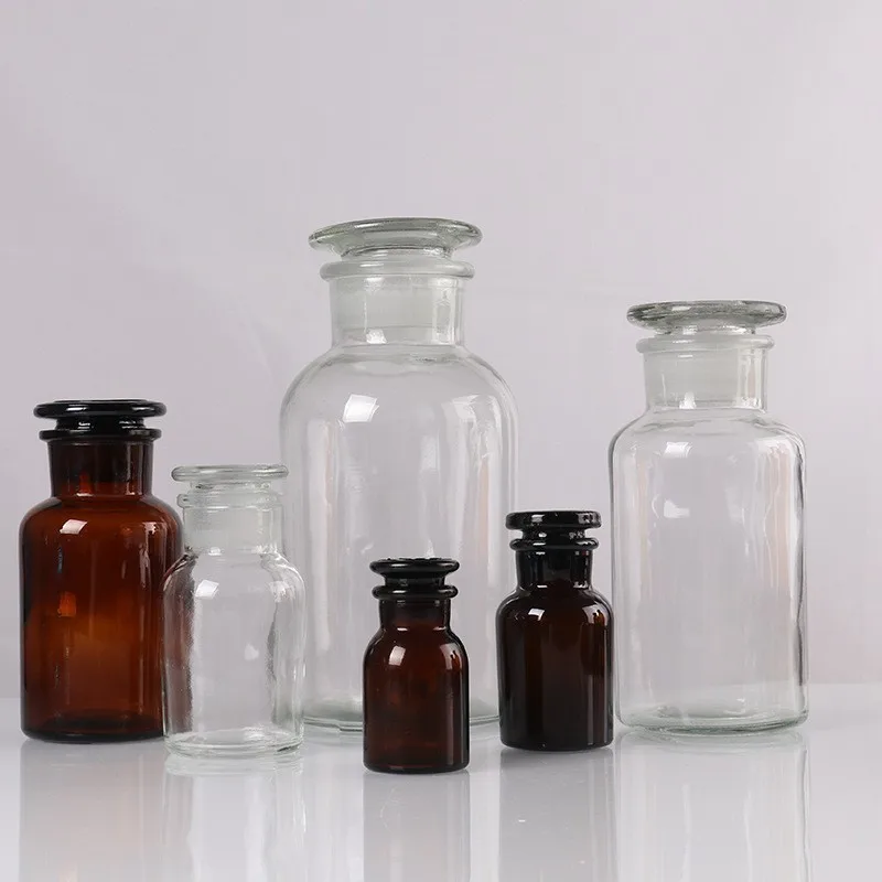 Empty Large Clear Amber Wide Mouth Bud Vase Apothecary Glass Reagent Bottle And Jar With Glass Lid