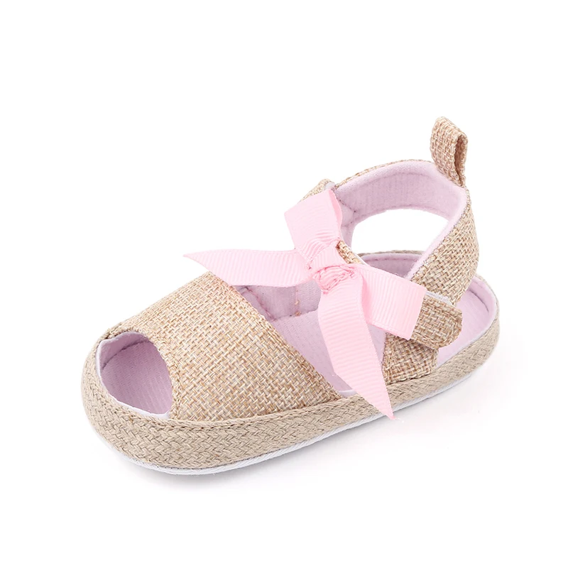 Summer New Baby Twine Wrapped Edge Solid Color Bow Soft Soled Fish Mouth Sandals for Baby Girls Toddler Shoes details