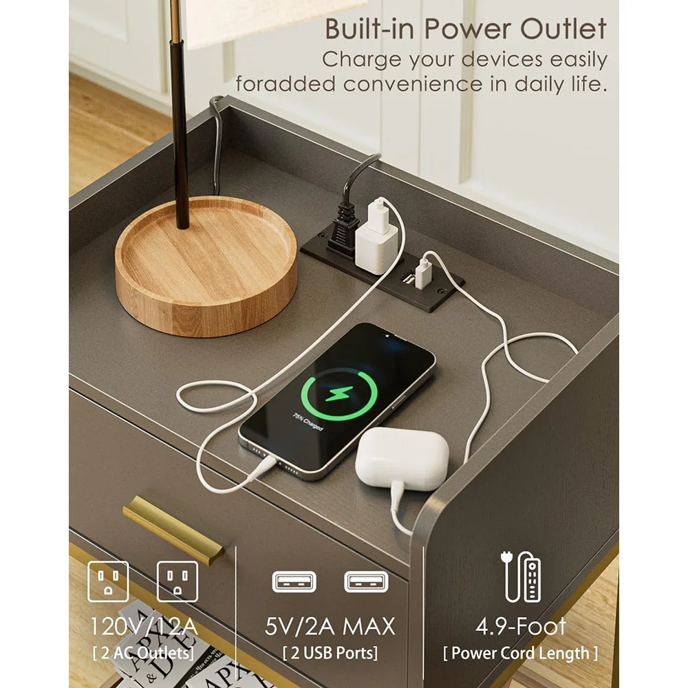 Modern Wood Nightstand Charging Station 3-Tier Storage Drawer Shelf for Bedroom & Living Room Grey details