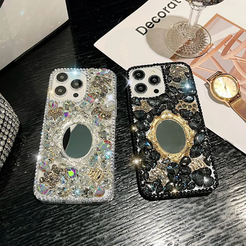 Luxury Rhinestone Elliptical Mirrors Phone Case Covers for iPhone 14 15 Samsung S24 S23 A34 A54