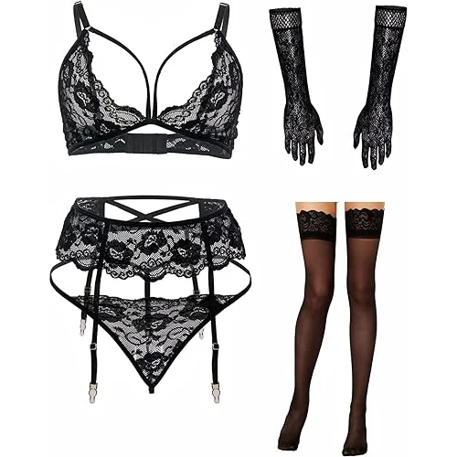 3 Piece Garter Belt Women Sexy Black Lace Lingerie Set With Stockings