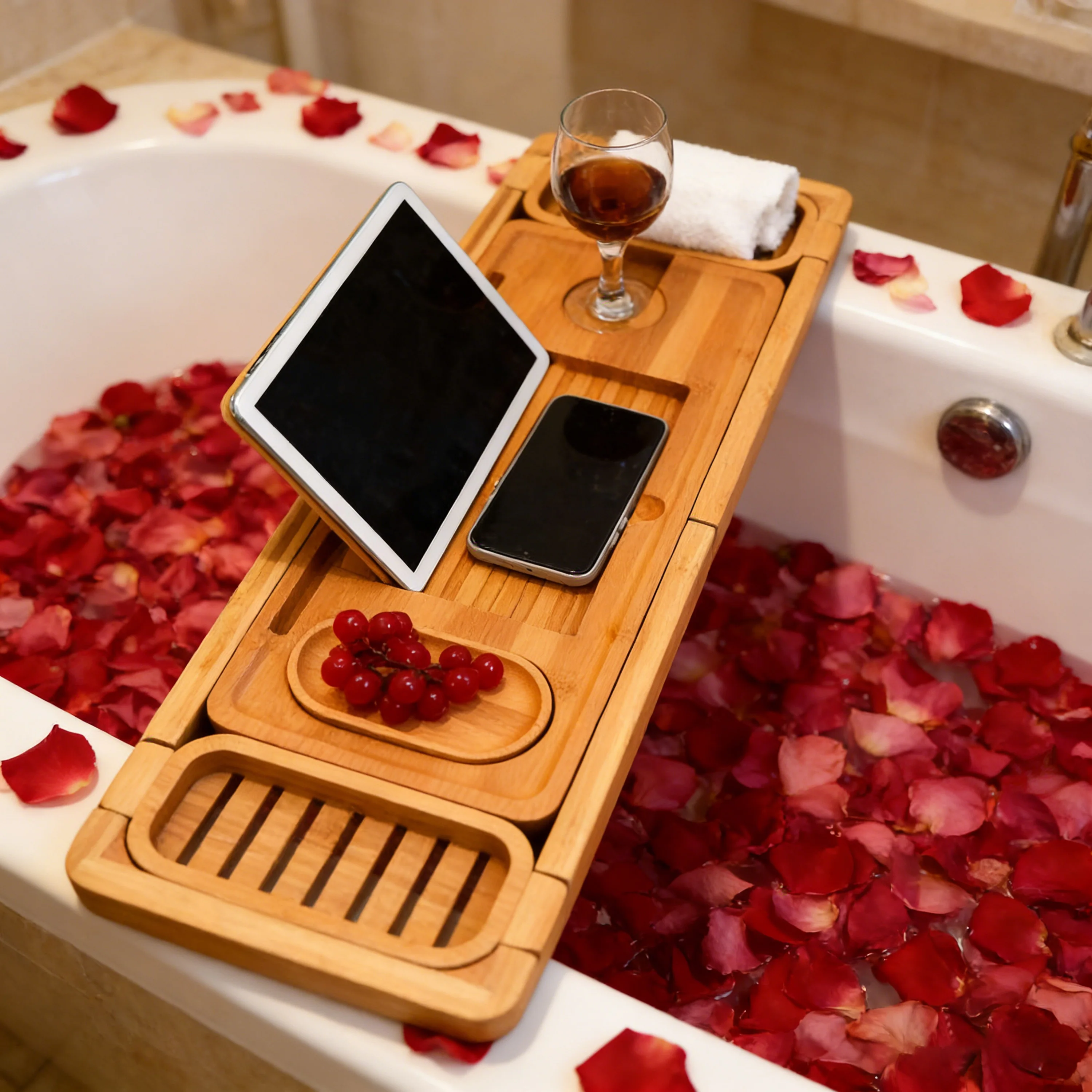 product bamboo expandable bathtub caddy tray non slip bath tray organizer for luxury spa bathroom accessories with wine glass holder-7