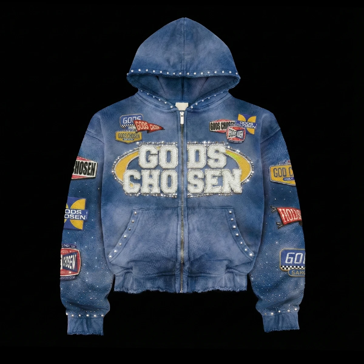 product custom embroidery patch rhinestone zip up hoodies and sweatpants vintage cotton sun faded tracksuit graphic acid wash hoodie-2