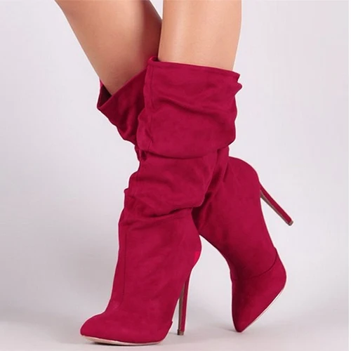 Female Winter Plus Size Shoes Women Pleated Mid Calf Boots hin High Heels Women's Pointed Toe Sexy Pumps Ladies Party Shoe