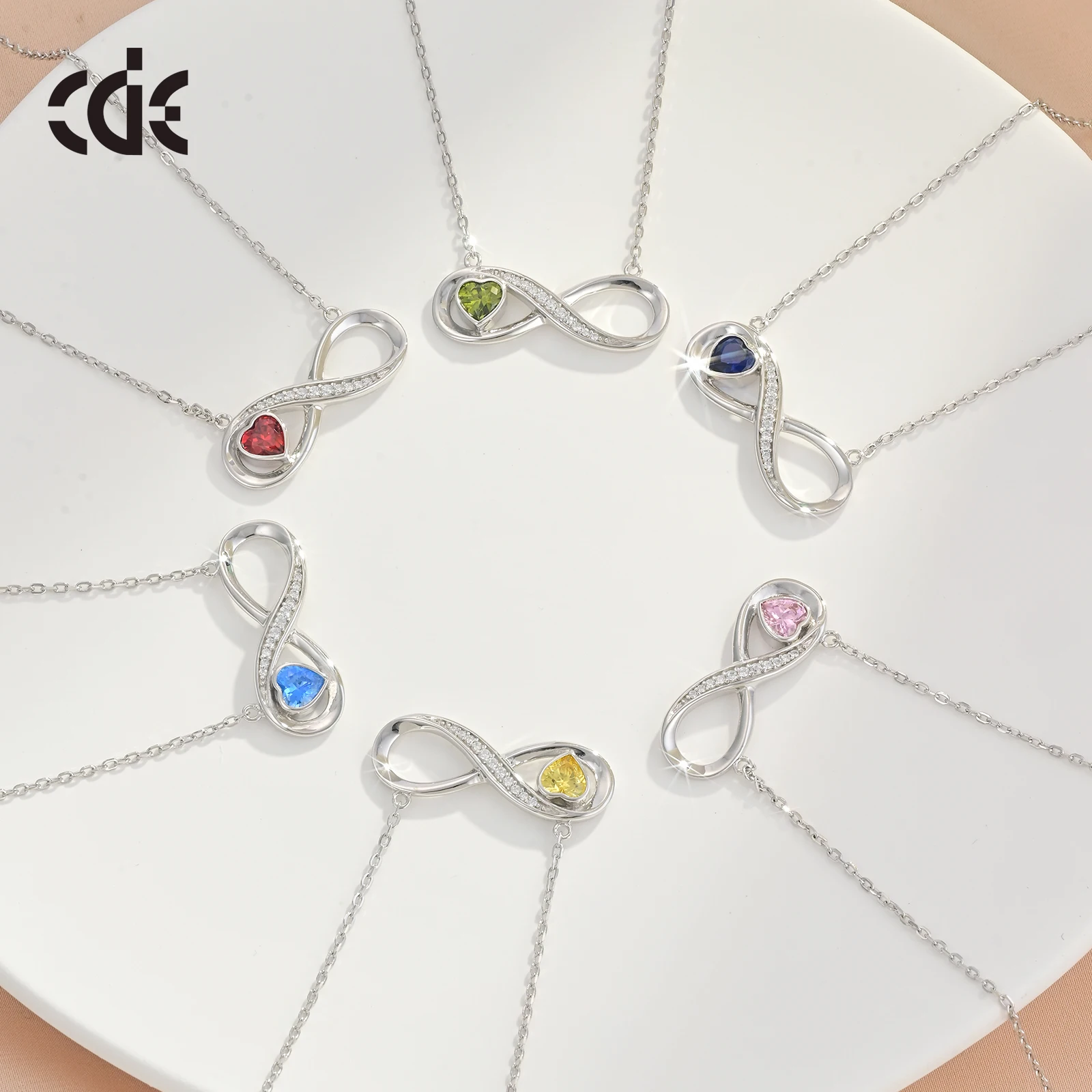 CDE CZYN068 Trendy 925 Silver Jewelry Infinity Necklace Wholesale Rhodium Plated Heart-Shaped Birthstone Necklace For Gift