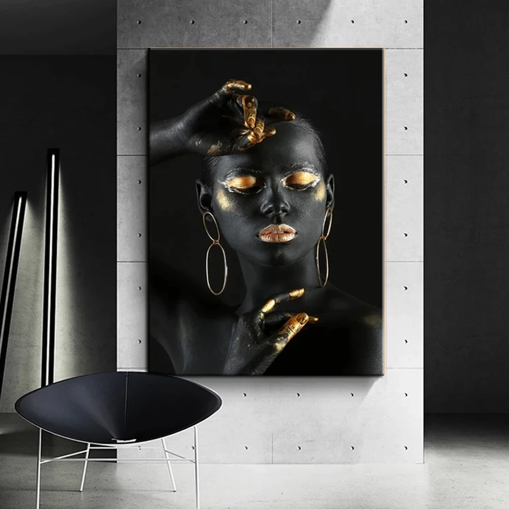 40cm Sin marco Labios dorados Mujer africana Pinturas en lienzo Arte de la pared Carteles e impresiones Media cara Imágenes de niña negra para sala de estar 20 
