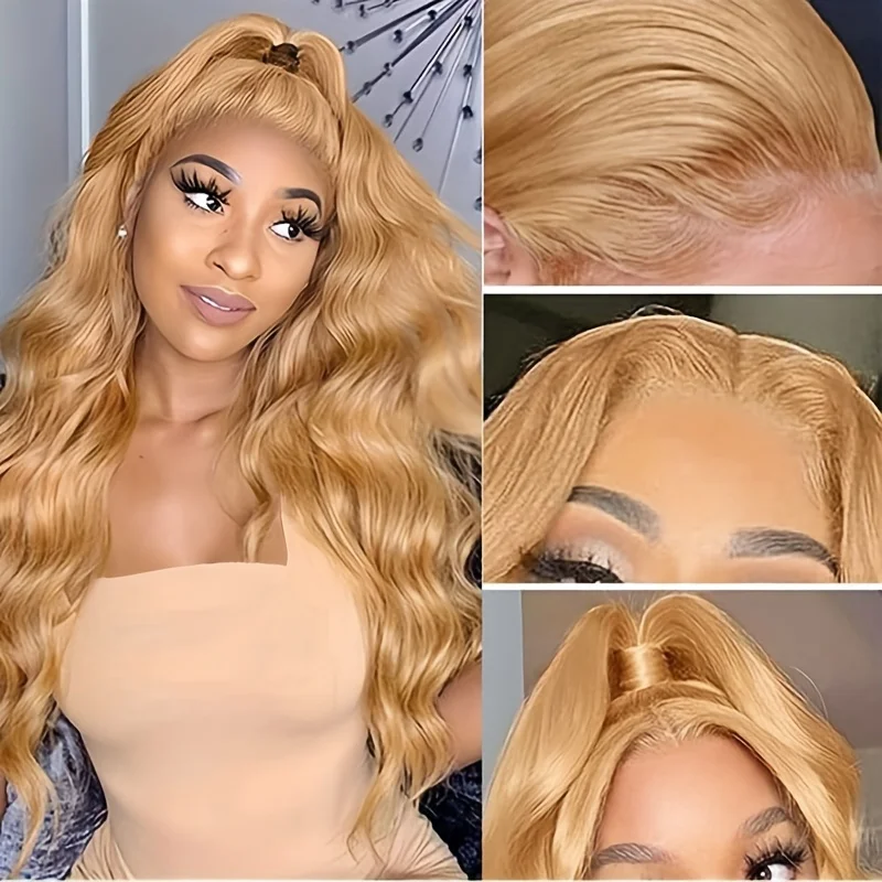 27# Honey Blonde Body Wave Lace Front Wig 13X4 HD Transparent Lace Front Wigs Bleached Knots Brazilian Virgin Human Hair Wig