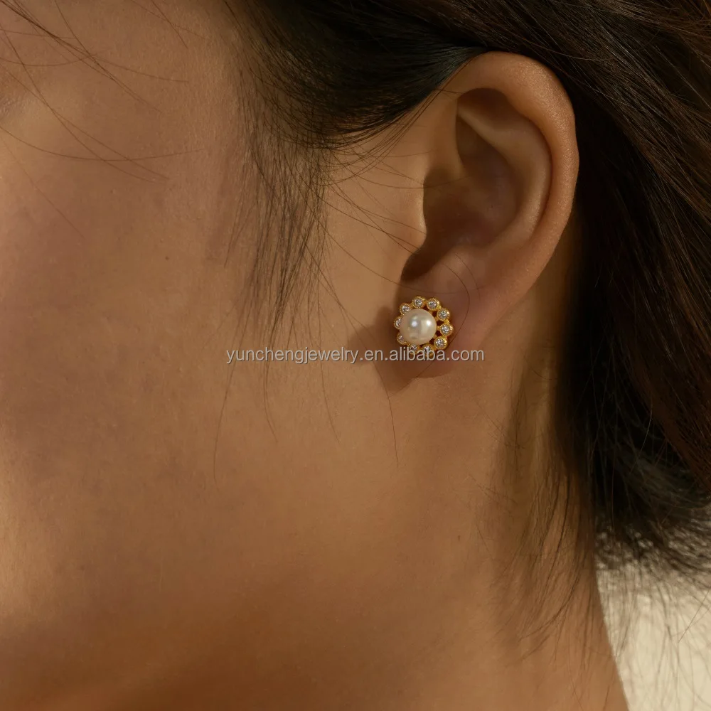 925 Sterling Silver Flower Design Earrings with Micro-Inset Zircon and 14K Gold Plated Korean Style Stud Earrings