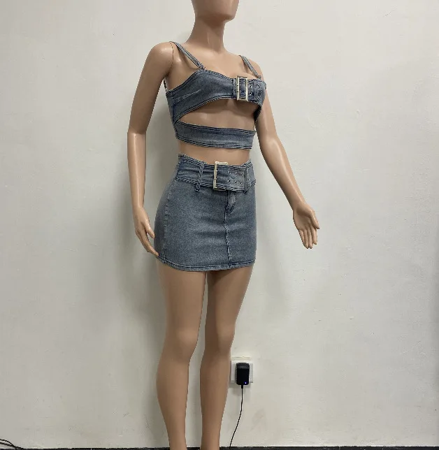 New Peoduct Mini Skirt Set Womens Casual Denim Suit Stretch Denim Camisole Crop Top Two Piece Set details