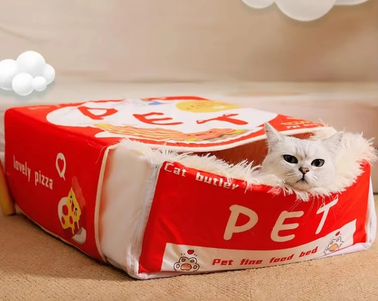 New Snack Box Plush Pet Bed Fully Enclosed Cookie Box Shape Warm Soft Windbreak Cute Pull Out Cat House Cushion Pet Products supplier