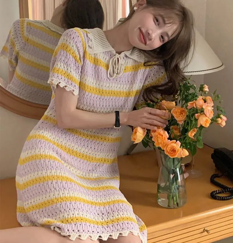 Knitwear Manufacturers Knitted Skirt Crochet Hollow Out Lace Up Sweater Dress Knitting Dresses