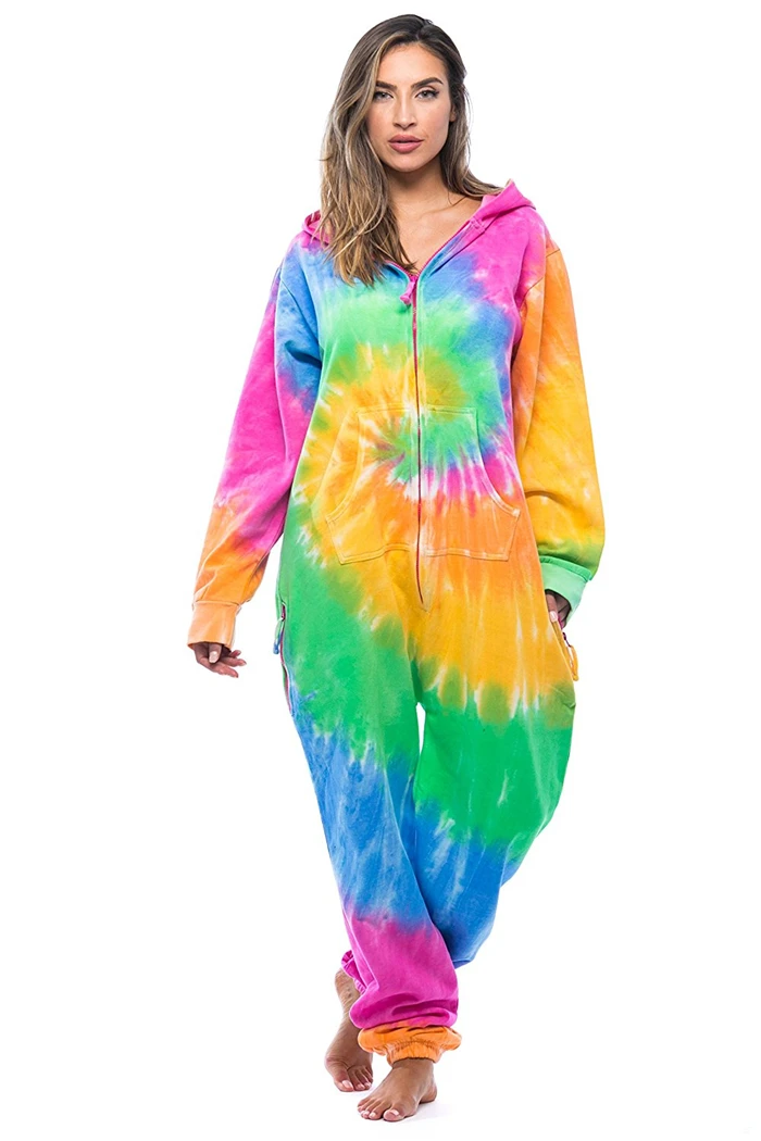 Wholesale Women Tie dyed romper suits adult jogging tracksuits lady Candy color slim fit adult rainbow Sweatshirt