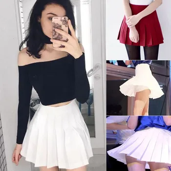 Women Sexy Pleated Mini Skirt School Girl Skater Tennis Skirt High Waist Flared White Red Female Short Skirt
