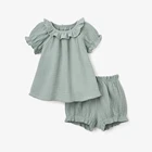 Cotton Summer Organic Cotton Muslin Summer Ruffled Collar Baby Girls Dresses Harem Pants Set