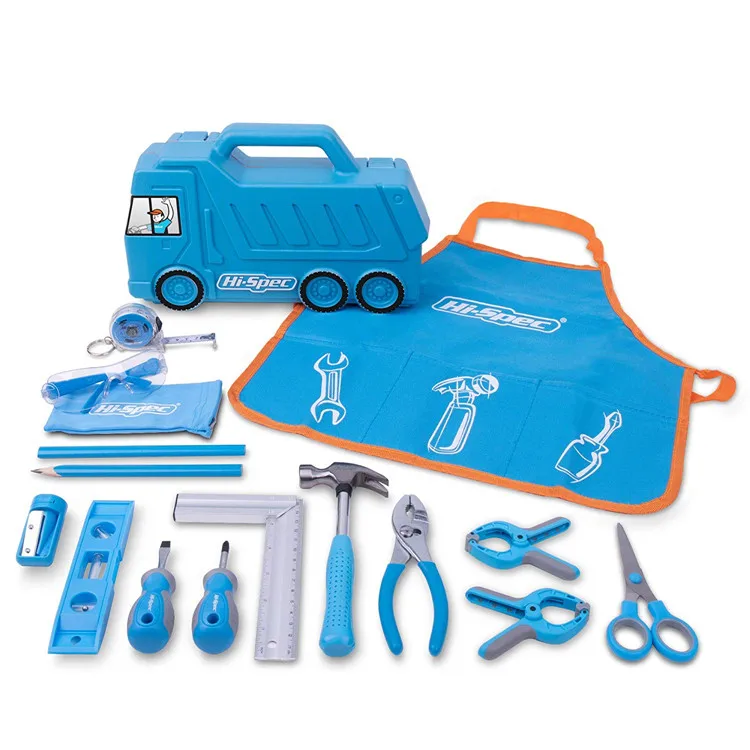 Hispec 17pc children kids DIY real tool set kit with Blue Garbage Truck Toy Tool Box
