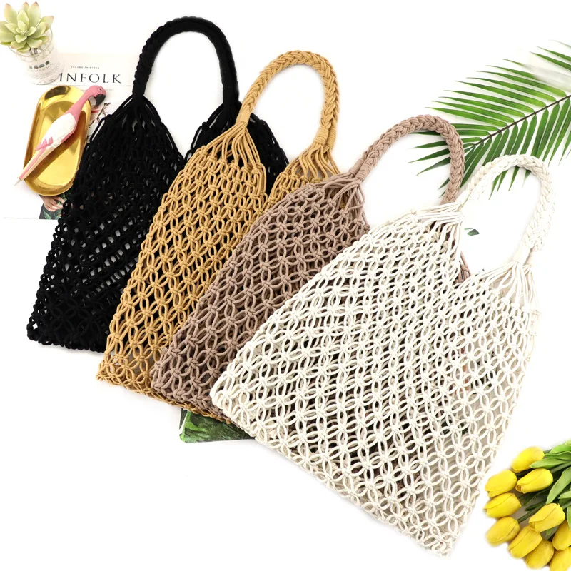 Cotton Rope Woven Macrame Mesh Net Beach Bag Crochet Knit Travel Beach Fishing Net Handbag Shoulder Bag for Women
