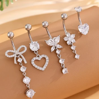 5Pcs/Set 316L Stainless  Steel  Dangle Heart Butterfly Flower Belly Button Ring Zircon Curved Navel Ring Body Piercing Jewelry