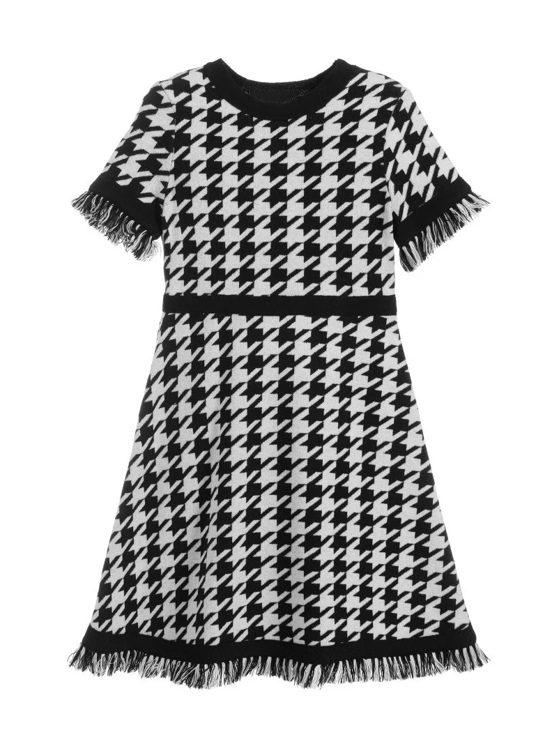 Classical brand boutique houndstooth print 8 year girl kids dress form girls autumn dress with tassel