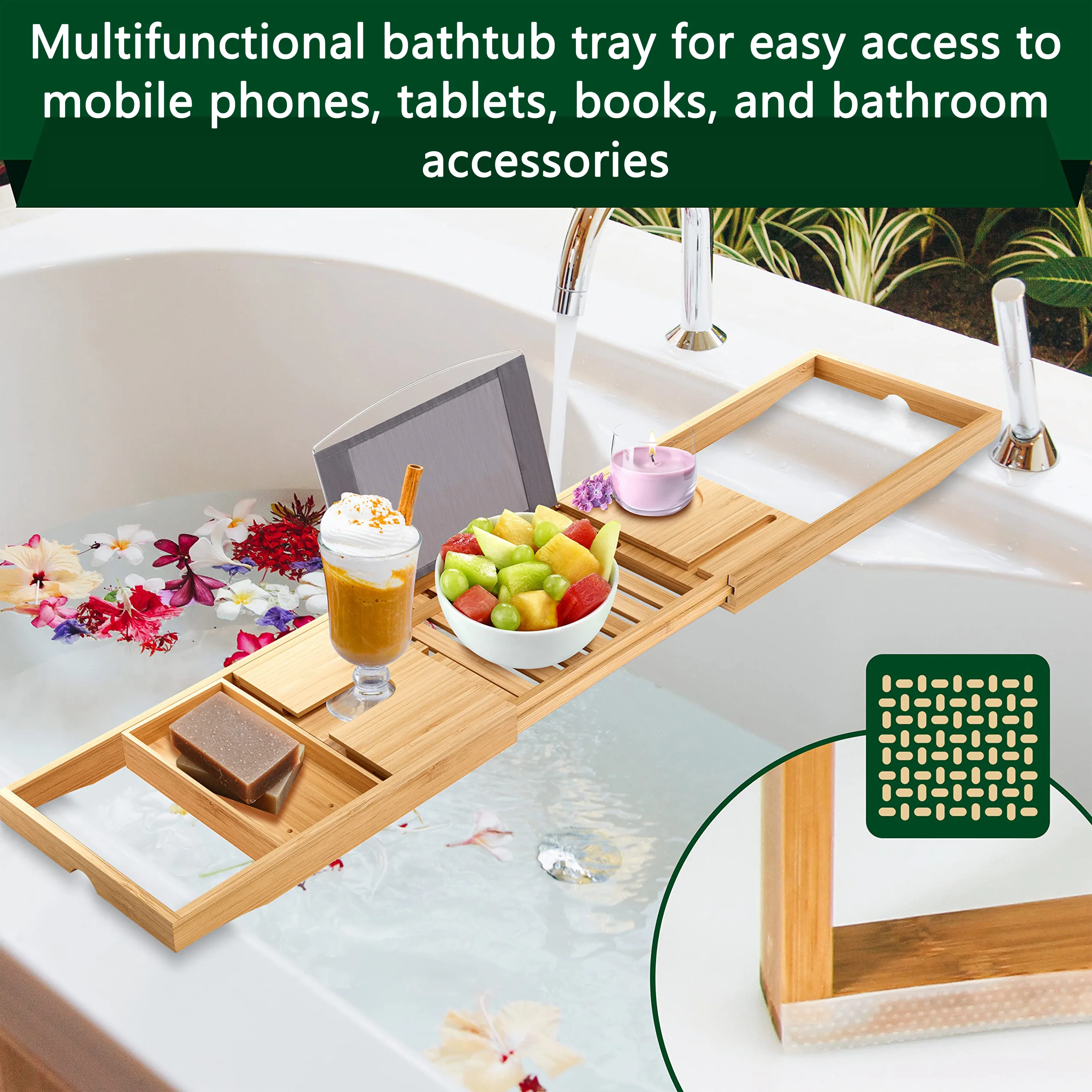 product luxury bamboo bathtub caddy tray extendable bath tub organizer bathtub tray wine glass holder bathroom accessories-5