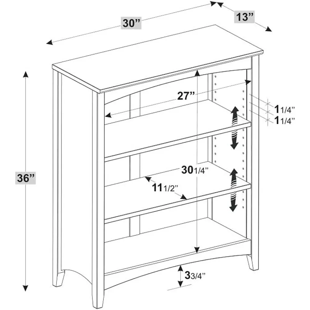 Solid Wood 3 Shelf Bookcase Shaker Style 36\" High with Adjustable Shelving Closed Back Display Bookshelf manufacture