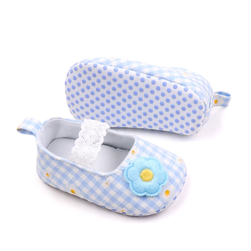 Fresh Plaid Solid Cute Little Flower Lace Elastic Baby Girls Princess Soft Soled Toddler Shoes supplier