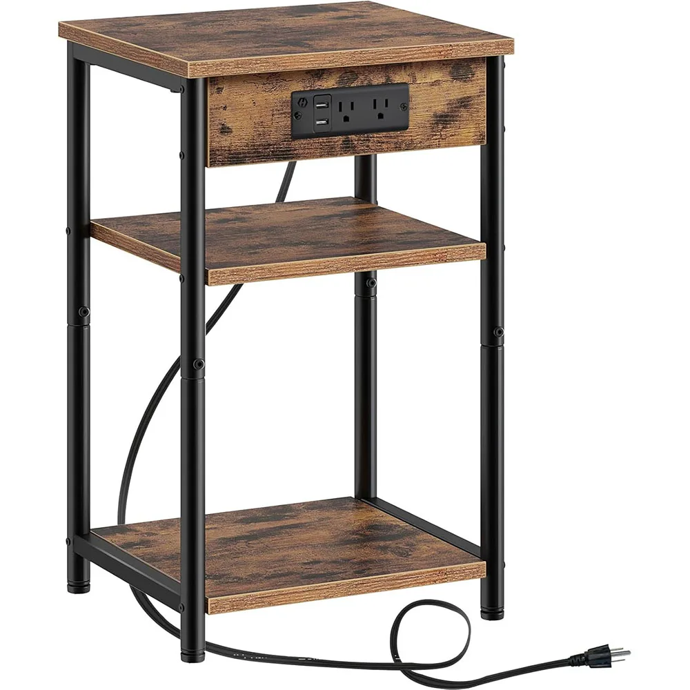 Modern Wood End Table with Charging Station Nightstand with 2 Storage Shelves Narrow Side Table with USB Ports and Power Outlets factory